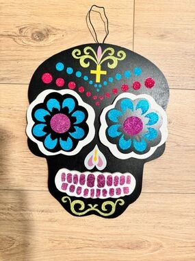 Day of the Dead Skull Wall Hanging with Glitter Floral Eyes